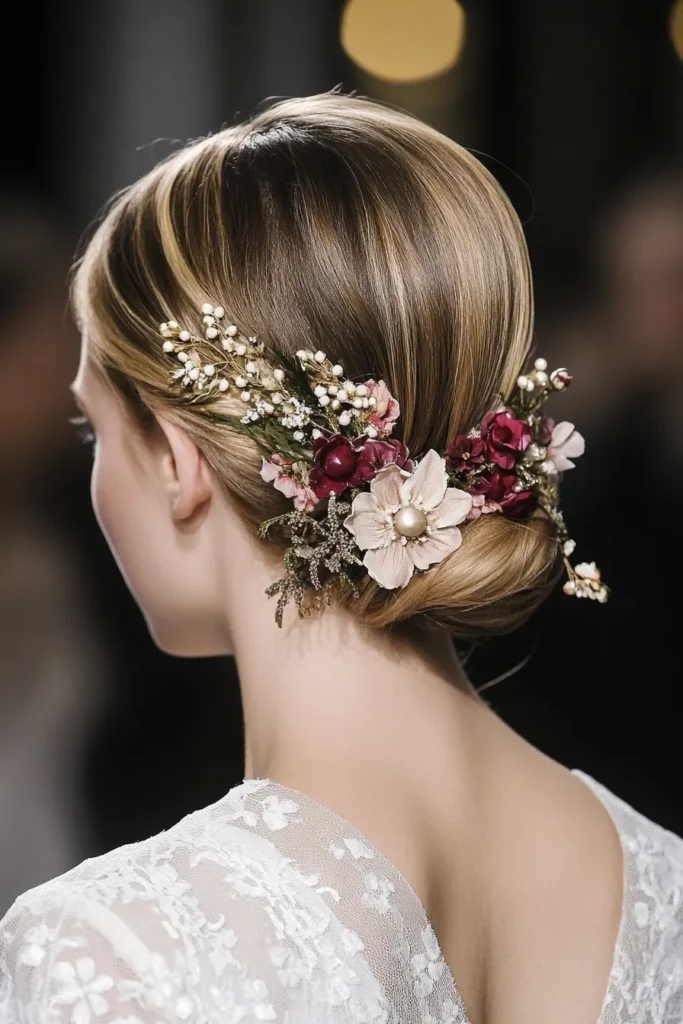 Romantic Low Bun with Floral Accents