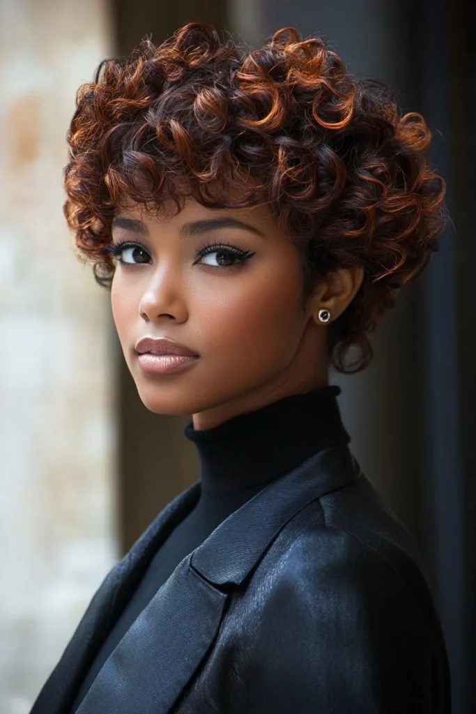 Short Curled Hairstyle with Copper Highlights