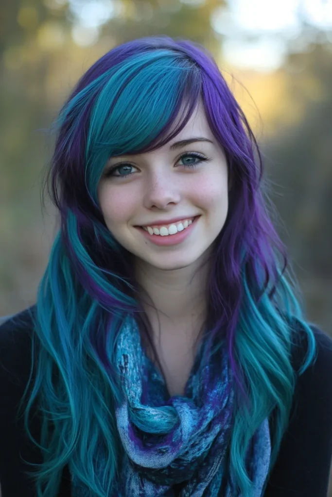 Two-Tone Teal and Purple Highlights